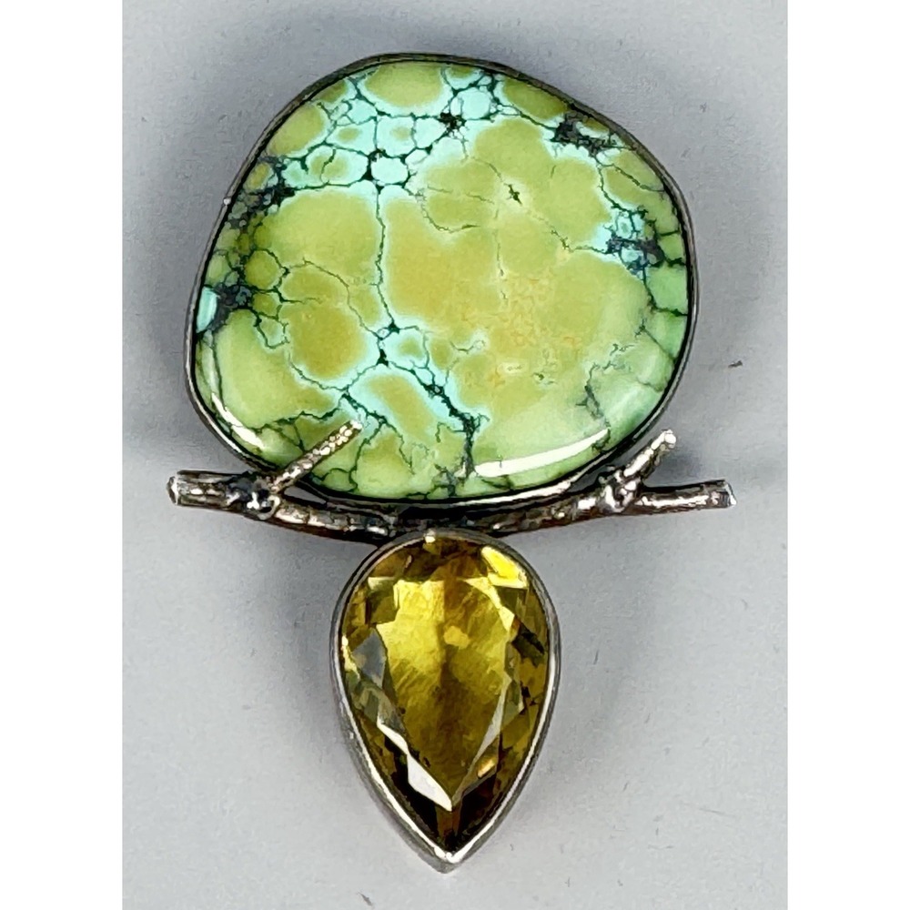 Echo of the Dreamer Green Turquoise Citrine Sterling Brooch Pendant 42g